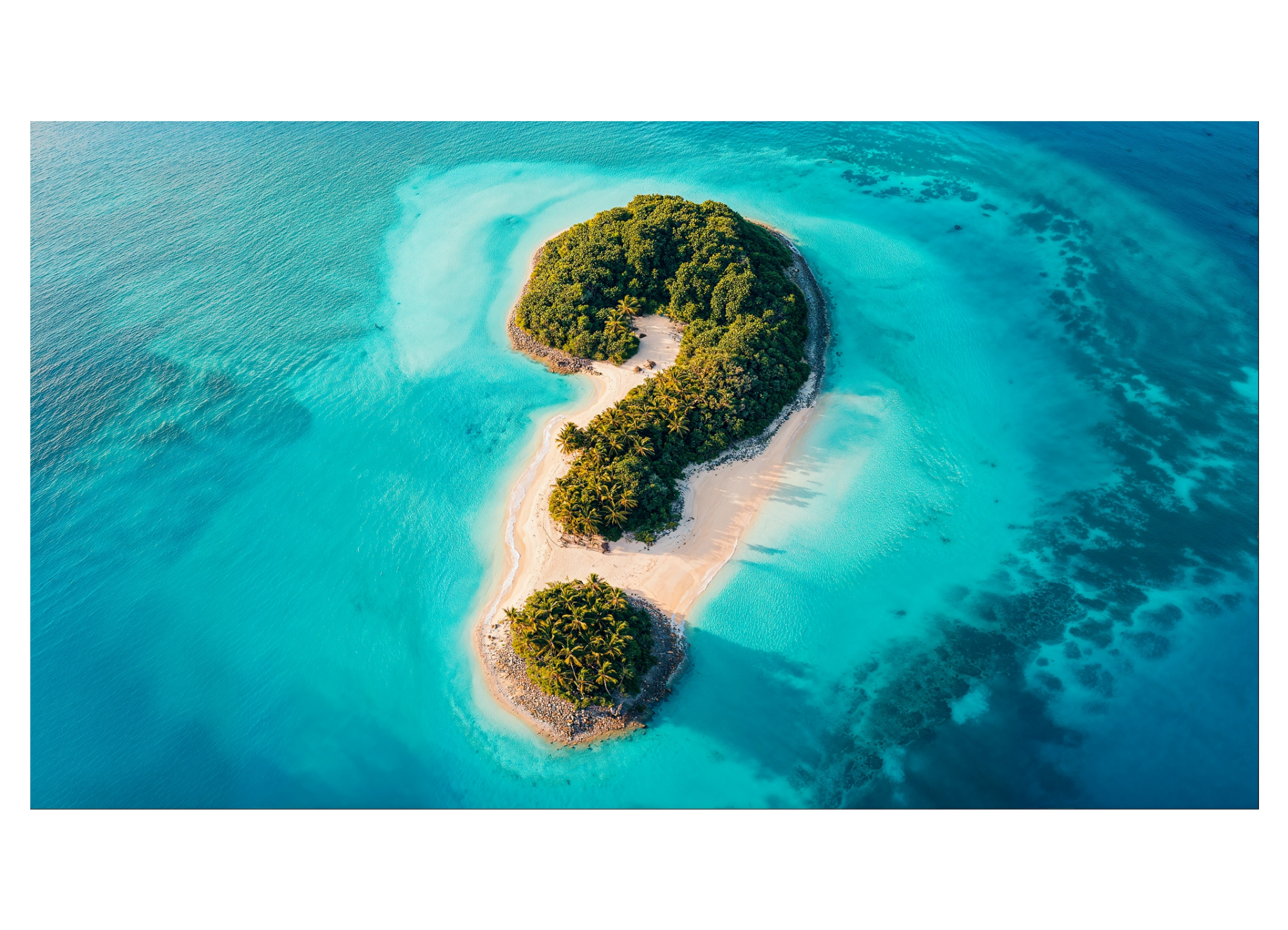 AI 3D paradise island shaped like a question mark, ocean
