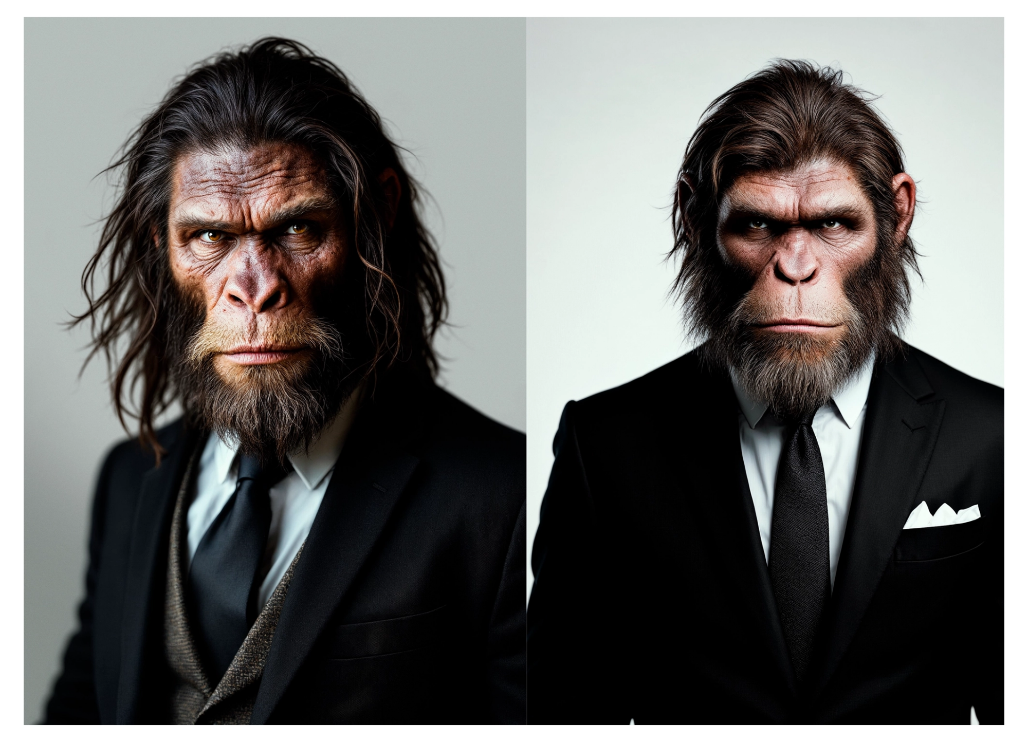 AI portrait of a Neanderthal man in a suit, studio photography