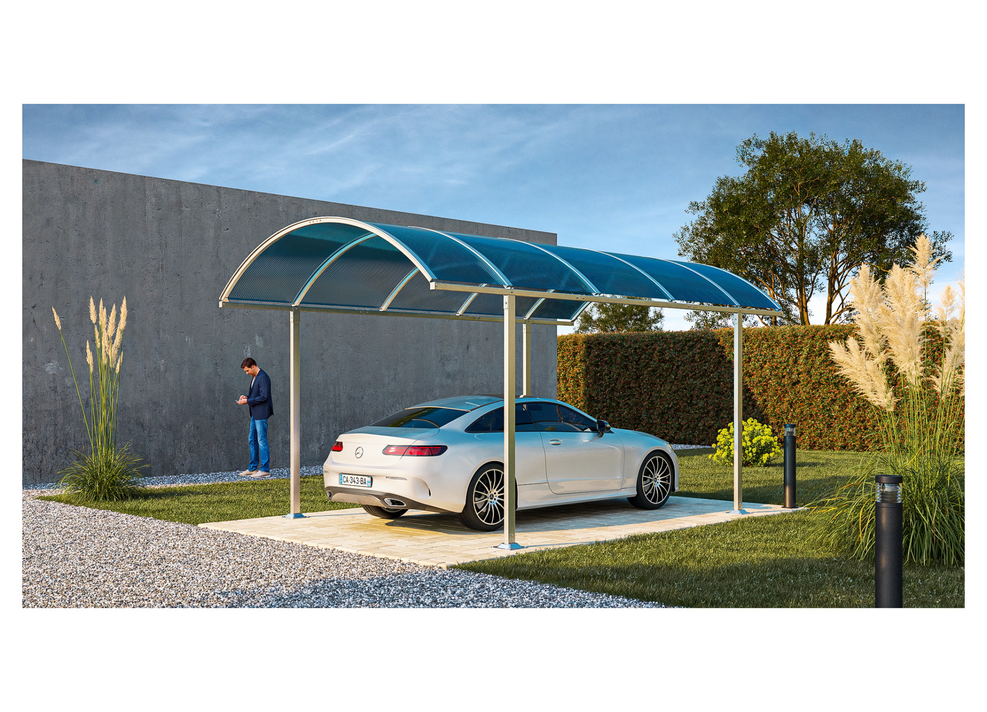 3D illustration in 3ds Max: metal carport, garden, outdoor architecture