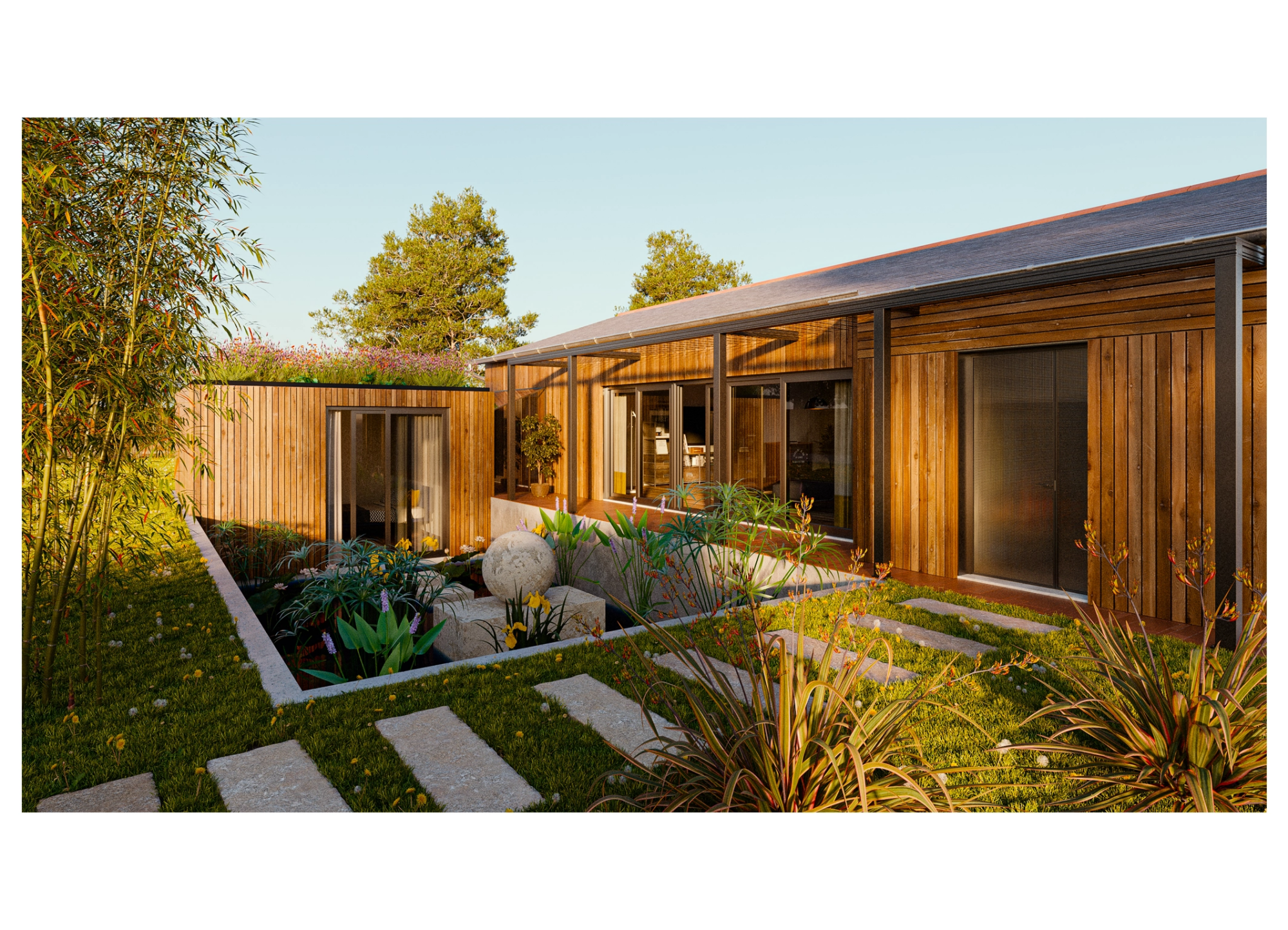 3D illustration in 3ds Max: eco-friendly house, garden, exterior, architecture