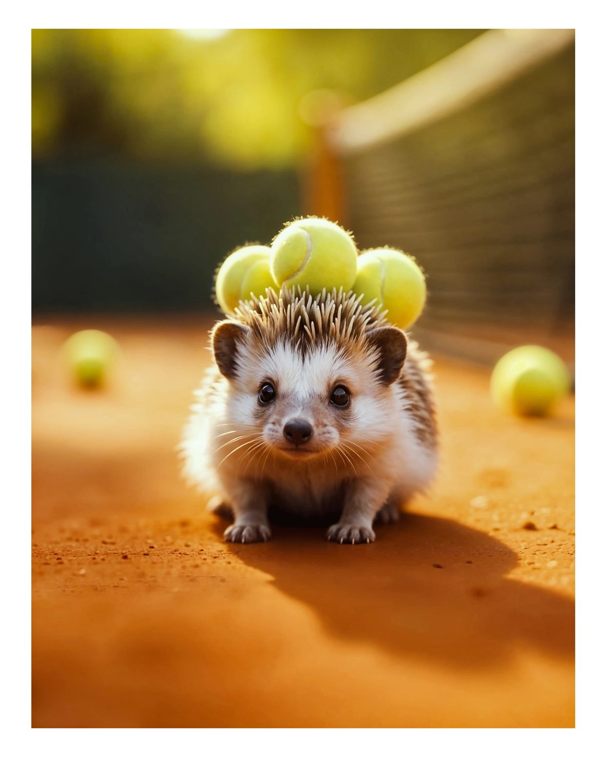 AI 3D hedgehog on tennis court with ball on spikes