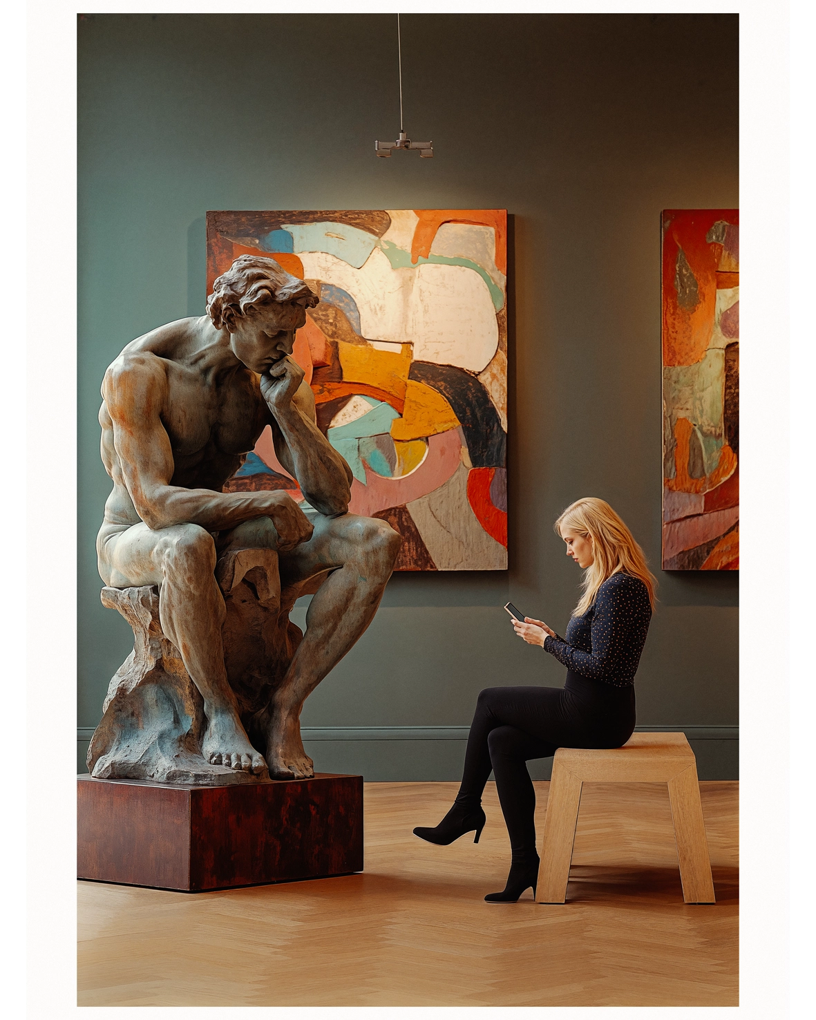 AI 3D museum statue of a thinker in the style of Rodin, woman with smartphone